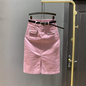 粉色减龄高腰牛仔半身裙女春夏显瘦前开叉设计气质一步包臀中长裙