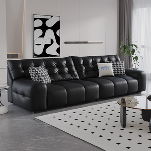 大黑熊真皮沙发意式极简客厅直排现代简约三人位小户型黑色皮沙发