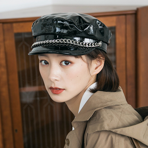 黑色皮质海军帽 女韩版百搭日系春秋鸭舌帽pu时尚女士八角帽潮流