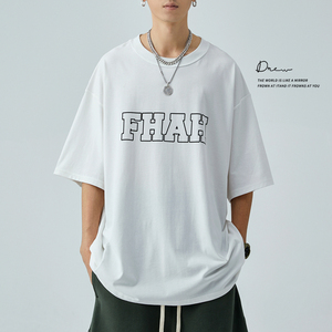 230g重磅纯棉 碳素磨毛 男友风落肩宽松白色短袖t恤2022新款男装