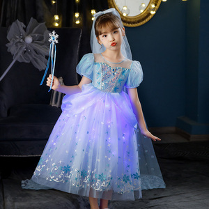 女童艾莎公主裙夏季新款迪士尼艾沙儿童生日拖尾发光冰雪爱莎短袖
