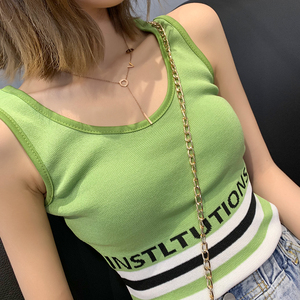 泫雅牛油果绿针织背心女夏季字母拼接无袖吊带上衣内搭外穿打底衫