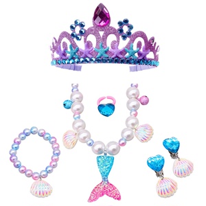 儿童彩虹美人鱼贝壳耳环戒指手链皇冠王冠头饰套装耳夹派对装扮品