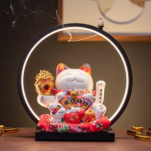 招财小牛猫招财猫灯圈自动摇手摆件店铺开业客厅收银台陶瓷存钱罐