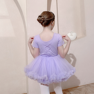 儿童舞蹈服夏季短袖女童开档演出服纱裙蓬蓬裙练功服芭蕾舞裙紫色