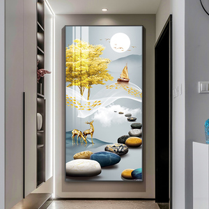 石来运转玄关装饰画轻奢进门墙画寓意好正对门竖版走廊过道壁画