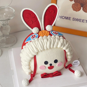 中式醒狮兔子兔头帽国潮风蛋糕装饰摆件周岁礼满月啦舞狮烘焙插件