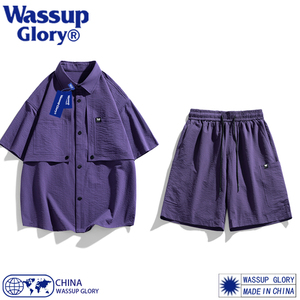 WASSUP GLORY紫色多巴胺衬衫男夏季薄款短袖短裤套装潮牌痞帅衬衣