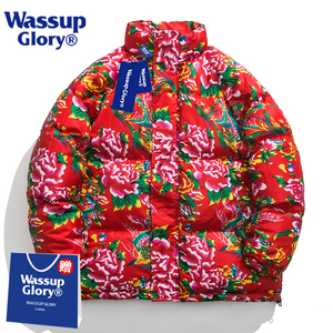 WASSUP GLORY东北大花棉袄男冬季中国风加厚红色棉服情侣棉衣外套