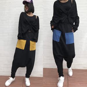 韩国时尚大裆裤春款女士哈伦裤休闲运动棉长裤大口袋拼色吊裆垮裤