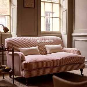 法式复古风格红白条纹双人位沙发美式田园客厅布艺沙发小户型家具