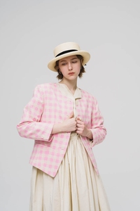 WOKERKER 春款粉色嘉顿格纹圆领外套复古垫肩女西装