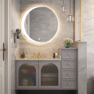 岩板浴室柜高低柜组合北欧简约吊柜橡胶木洗漱盆洗手台卫生间定制