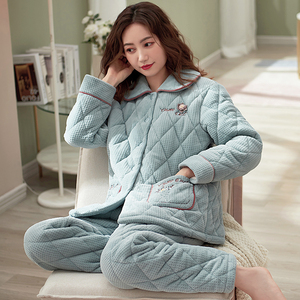 睡衣女冬季蓝色珊瑚绒法兰绒夹棉袄三层加厚加绒保暖家居服秋冬款