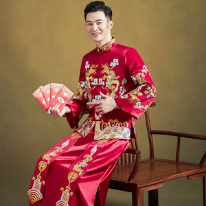 新郎装中式礼服男士秀禾服结婚男装新款龙凤褂秀和服大码唐装接亲