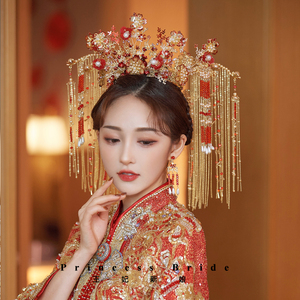 王妃新娘头饰红色凤冠大气秀禾服结婚古典宫廷凤冠霞帔中式发饰品