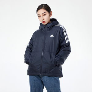 阿迪达斯棉服女2021秋冬季连帽保暖短款运动棉袄蓝色厚外套gh4599