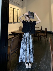 新中式气质国风小众套装短袖衬衫女夏季水墨半身裙子设计感两件套