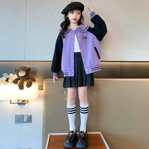 女童外套秋冬款女孩棒球服加绒儿童库洛米卫衣春秋装大童紫色上衣