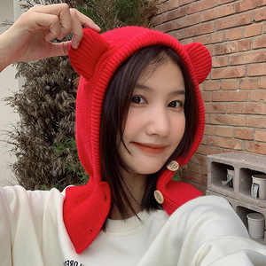 小红帽子女秋冬季chic时尚保暖毛线帽围脖连体网红可爱耳朵包头帽