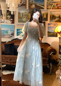 《海水与风》刺绣水波纹雏菊仙气连衣裙女2024夏季蓝色优雅长裙