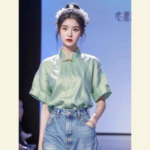 新中式国风亚麻短袖小上衣彩色艺术生薄荷曼波风绿色棉麻衬衫女夏