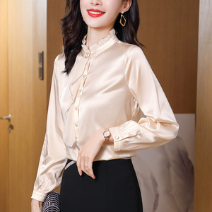 重磅真丝衬衫女2022春新款时尚长袖木耳边缎面气质杭州桑蚕丝上衣