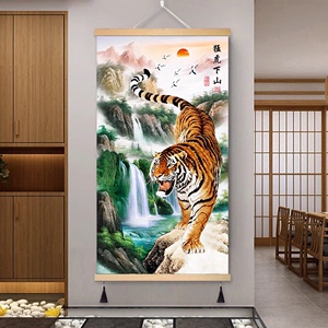 老虎画入户玄关上山虎装饰画猛虎下山图新中式寓意好挂画客厅国画