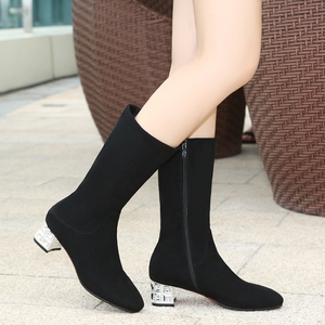 2017头层牛皮磨砂侧拉链绒里低跟方跟圆头女士中筒靴马靴黑色棕色