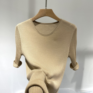 短袖t恤 女卷边圆领坑条羊毛半袖内搭薄t恤春夏小众爆款上衣打底