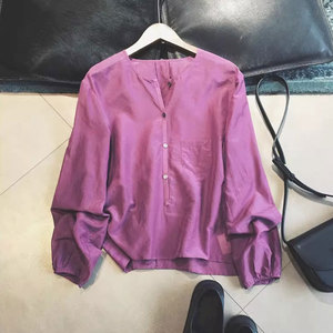 玫紫色新品棉纺正肩薄款衬衫女2024年春日款小个子直筒式时髦上衣