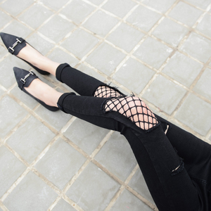 【天天特价】春夏黑网袜牛仔裤破洞女潮韩版高腰修身弹力九分小脚