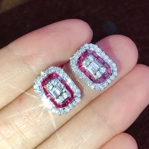 矿匠珠宝 18k金钻石耳钉女 红宝石真钻耳坠群镶钻石时尚气质耳饰