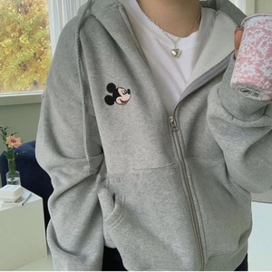 韩国东大门米老鼠头像迪士尼新款进口拉链连帽卫衣宽松加绒潮帽衫