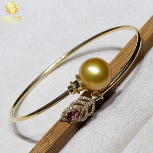南洋金珠手镯天然海水珍珠手镯18k金羽毛款手镯无暇强光浓金