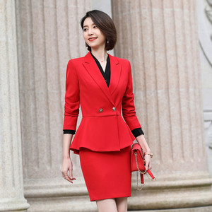 工作服套装女美容院2019新款时尚气质秋冬高端红色职业装西装套裙