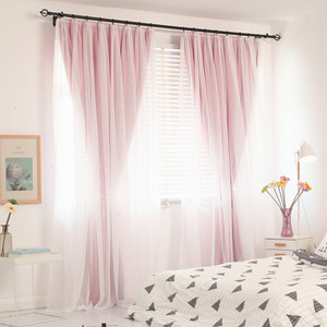 新款布纱一体双层韩式全遮光窗帘成品卧室窗纱粉色公主风简约现代