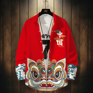 国潮醒狮衬衣男春季寸衣中国风男装2022新款衣服红色上衣长袖衬衫