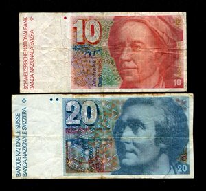 瑞士纸币 1979-1992年版10法郎 20法郎 一对220