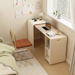原木奶油风卧室床头柜书桌一体可伸缩折叠床边实木电脑桌写字桌