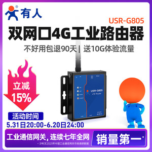 有人4G无线路由器工业免插卡全网通4G转网口远程运维双网口小体积内置esim卡联网模块USR-G805