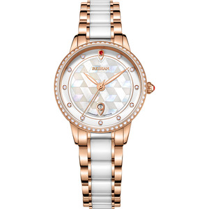 雷迈(reimah)手表 时尚间陶瓷带石英女士腕表方格贝母女表6150l