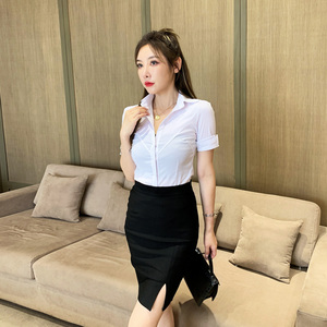 白色低胸v领性感衬衫女设计感小众显瘦职业珠宝店足浴技师工作服