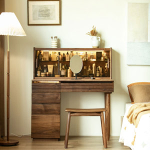 北美黑胡桃木梳妆台卧室现代简约化妆柜日式带灯实木化妆桌玻璃门