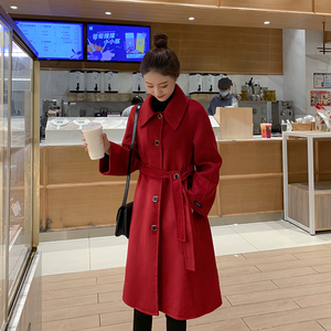 红色双面呢羊绒大衣女2023新款韩版修身收腰中长款小个子毛呢外套