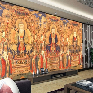 三清道尊墙纸佛系道教文化壁画元始天尊道场供台无缝背景墙布定制