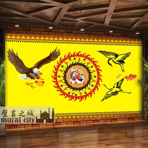 民族风格壁纸彝族图腾歌舞墙纸少数民族老鹰图案壁纸壁画背景墙