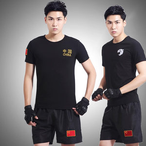 刺绣中国体能训练服套装作训服战友聚会定制迷彩T恤黑色战术短袖