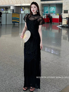2024新款法式气质黑色蕾丝罩衫修身显瘦吊带裙新中式两件套旗袍裙