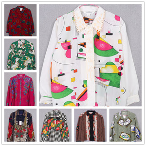 vintage古着港味巴洛克复古80年代大花油墨文艺赫本衬衫